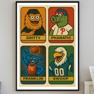 Philadelphia Mascots Framed Wall Art | 13x19 Gritty Phanatic Franklin Swoop
